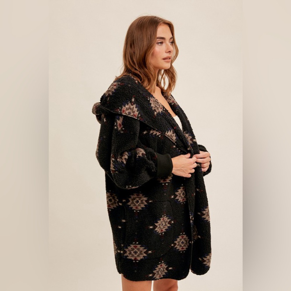 452. LAST 1! AZTEC PLUSH SOFT HOODIE Teddy Jacket Black Fleece Boho bohemian - Picture 5 of 6